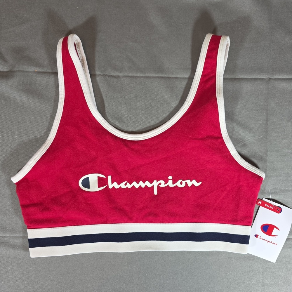 Champion Women's Iconic Bra Top Tango Red features a elastic stripe trim Large